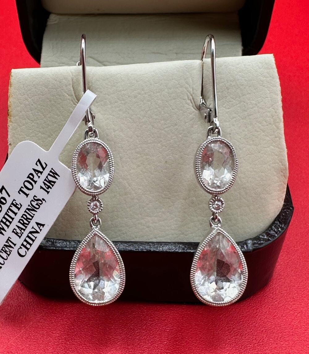 White Topaz 14k White Gold NEW Dangle Drop Earrings In The Box For Gift